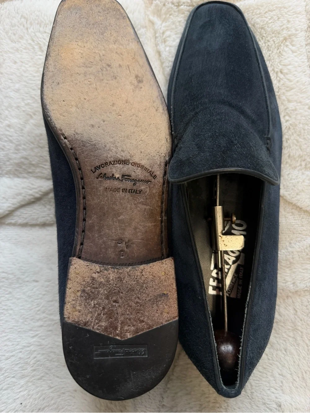 $850 Ferragamo Men's Navy Blue Suede Slip-On Loafers 8.5 D